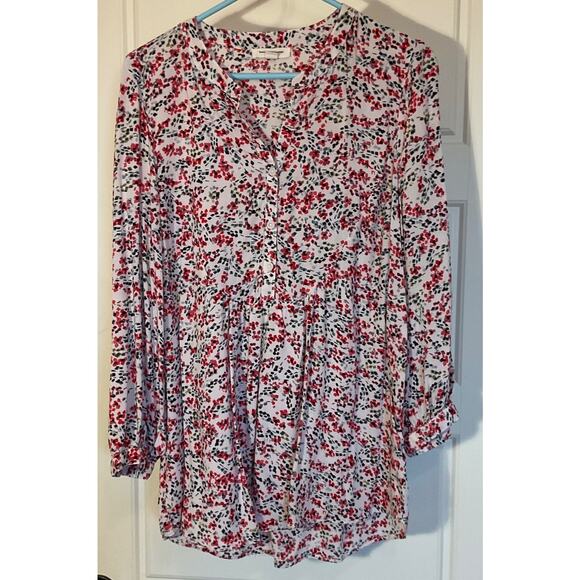 Beach Tops - Beach Lunch Lounge Multi Color 3/4 Sleeve Henly Placket Gathered Waist Top L